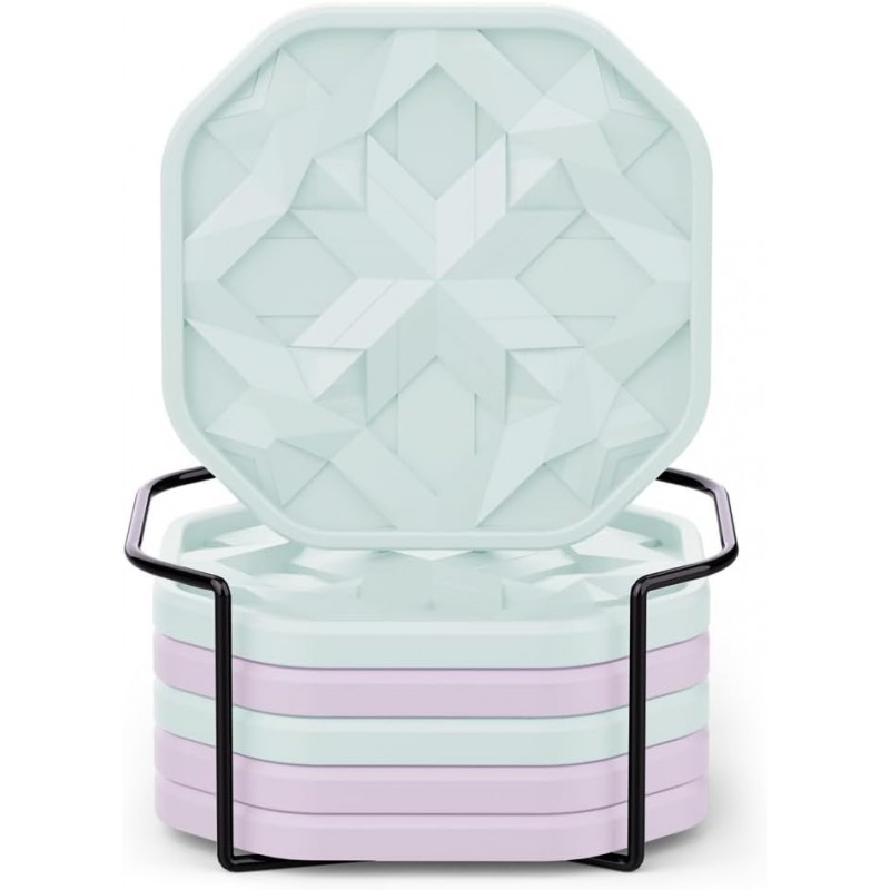 UMIRRO Silicone Cup Coasters for Drinks with Tailored Holder, Coffee Table Centerpiece, Modern Home Bar or Aesthetic Kitchen Essentials, House Decor Gifts, Set of 6, Mint and Lavender