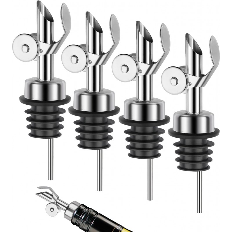 QPIX DIGITAL Liquor Bottle Pourers Auto Flip Olive Oil Spouts Weighted Stainless Steel Alcohol Dispenser Liquor Pour Spouts for Bottles Olive Oil Pourer with Funnel & Brush Pack of 4 Silver