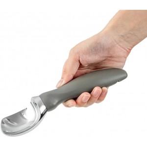 Restaurantware Comfy Grip 7.9 x 2 Inch Kitchen Ice Cream Scoop 1 Heavy-Duty Ice Cream Disher - Ergonomic PP Handle Dishwashable Gray Metal Ice Cream Spade With Lid Opener Notch Multi-Use