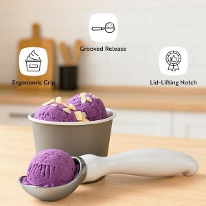 Restaurantware Comfy Grip 7.9 x 2 Inch Kitchen Ice Cream Scoop 1 Heavy-Duty Ice Cream Disher - Ergonomic PP Handle Dishwashable Gray Metal Ice Cream Spade With Lid Opener Notch Multi-Use