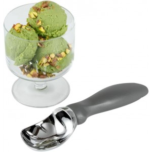 Restaurantware Comfy Grip 7.9 x 2 Inch Kitchen Ice Cream Scoop 1 Heavy-Duty Ice Cream Disher - Ergonomic PP Handle Dishwashable Gray Metal Ice Cream Spade With Lid Opener Notch Multi-Use