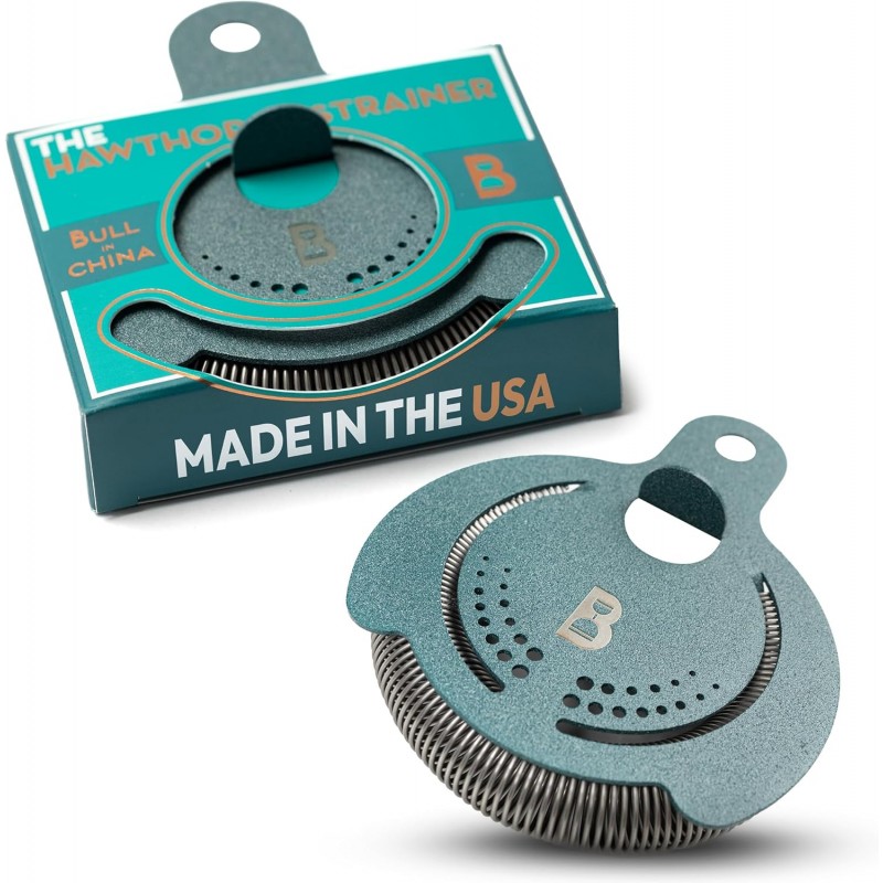 Hawthorne Strainer by Bull in China In Frosted Teal - Made In USA - High Density Spring Cocktail Strainer for Boston Shakers and Mixing Glasses for Bars & Bartenders