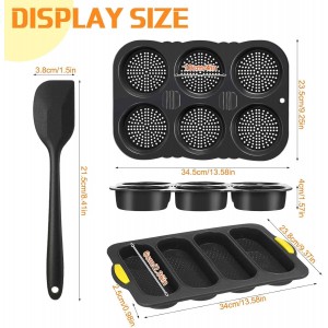 Set of 3 Silicone Baguette Pan and Hamburger Bun Pan Set with Spatula Nonstick 4 Wave Baguette Baking Tray 6 Cup Hamburger Bun Mold for Homemade Bread Loaf Sandwich, Oven Safe