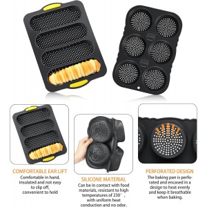 Set of 3 Silicone Baguette Pan and Hamburger Bun Pan Set with Spatula Nonstick 4 Wave Baguette Baking Tray 6 Cup Hamburger Bun Mold for Homemade Bread Loaf Sandwich, Oven Safe