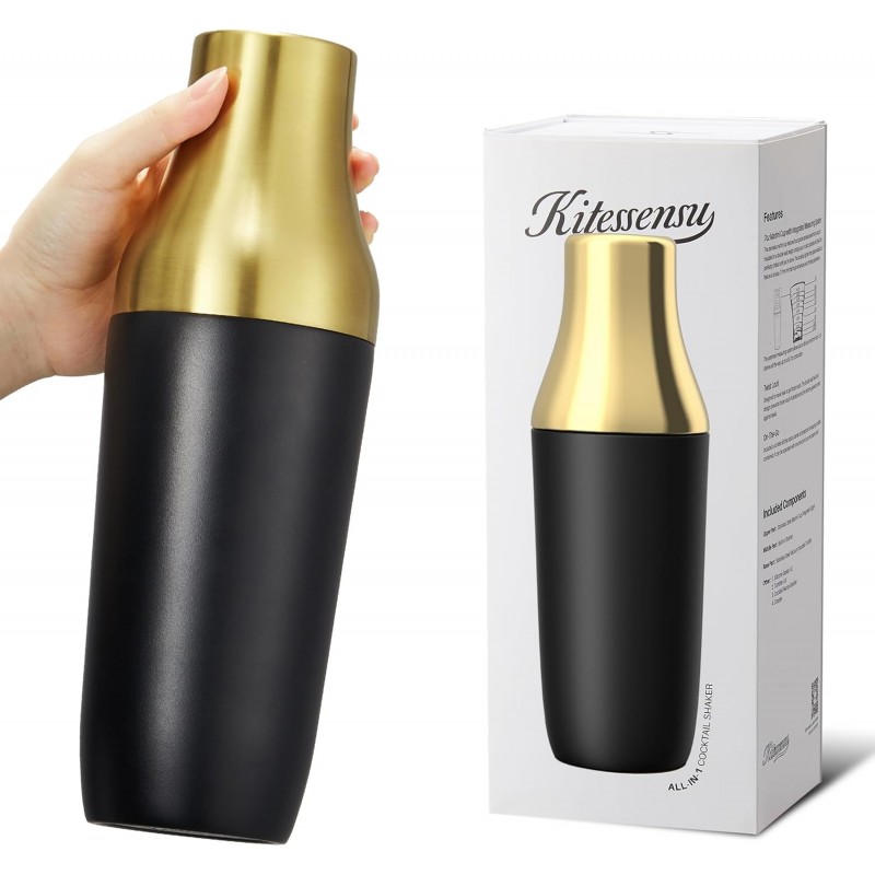 Kitessensu Hybrid Cocktail Shaker | Vacuum Insulated Stainless Steel Martini Shaker with Double Wall Martini Cup | Integrated Measuring System | Tumbler Lid & Cocktail Recipes Included | Crown