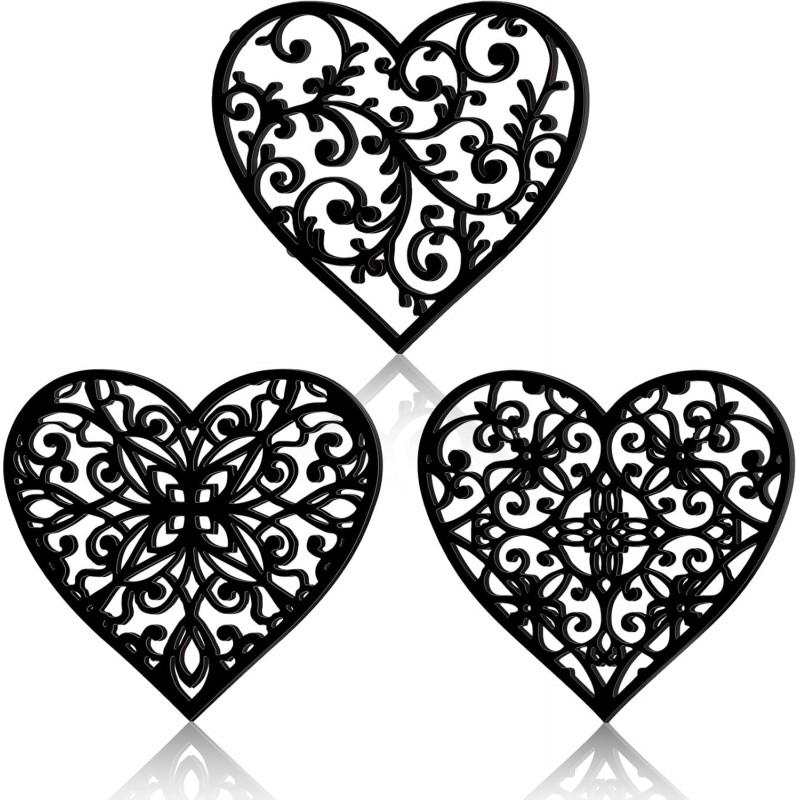 Lyrow 3 Pack Heart Cast Iron Trivet Set Valentine Pot Holders Metal Trivets for Hot Dishes Decorative Pot Holders Vintage Design Gift for Kitchen Countertop Dining Table Farmhouse Decoration(Black)