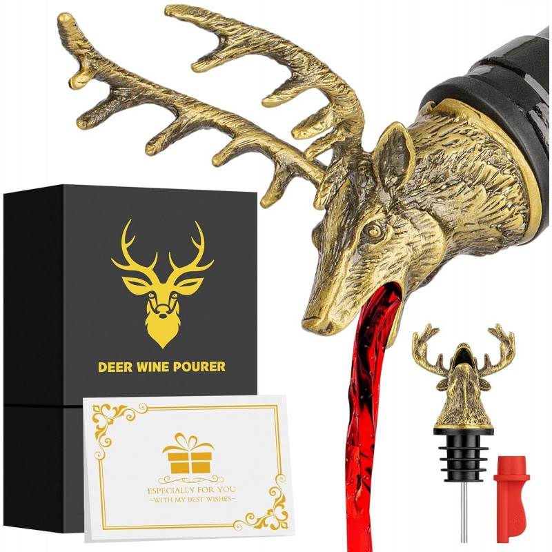 LKKCHER Deer Head Wine Bottle Pourer and Stopper Birthday Gifts Hunting Gifts for Hunters Men Dad Liquor Bottle Pourers Spout for Alcohol Spirits, Stag Gifts Wine Gifts, Bronze