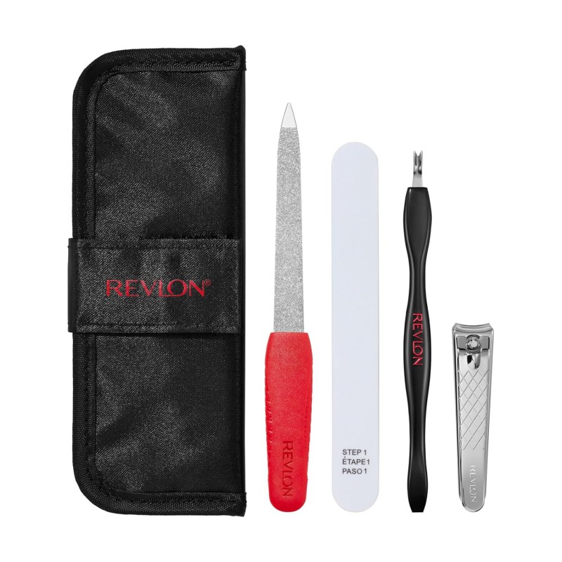 Revlon Manicure Essentials Kit with Travel Case, Nail Care Set with Dual Ended Cuticle Trimmer, Curved Blade Clippers, Compact Emeryl File & Buffer (Pack of 1)