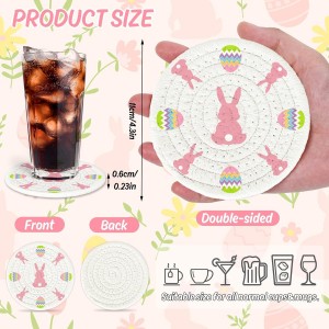 Whaline 4Pcs Easter Coasters Bunny Rabbit Egg Handmade Braided Cotton Drink Coasters Pink White Absorbent Anti Slip Round Tabletop Protection for Home Office Spring Party Tableware Decor Gift