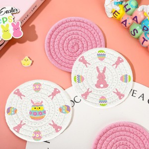 Whaline 4Pcs Easter Coasters Bunny Rabbit Egg Handmade Braided Cotton Drink Coasters Pink White Absorbent Anti Slip Round Tabletop Protection for Home Office Spring Party Tableware Decor Gift