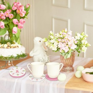 Whaline 4Pcs Easter Coasters Bunny Rabbit Egg Handmade Braided Cotton Drink Coasters Pink White Absorbent Anti Slip Round Tabletop Protection for Home Office Spring Party Tableware Decor Gift