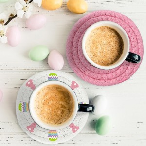 Whaline 4Pcs Easter Coasters Bunny Rabbit Egg Handmade Braided Cotton Drink Coasters Pink White Absorbent Anti Slip Round Tabletop Protection for Home Office Spring Party Tableware Decor Gift