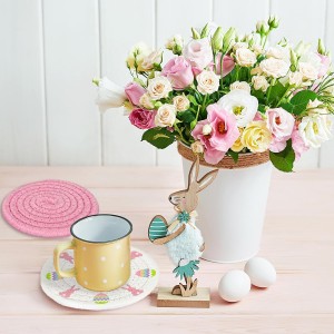 Whaline 4Pcs Easter Coasters Bunny Rabbit Egg Handmade Braided Cotton Drink Coasters Pink White Absorbent Anti Slip Round Tabletop Protection for Home Office Spring Party Tableware Decor Gift