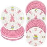 Whaline 4Pcs Easter Coasters Bunny Rabbit Egg Handmade Braided Cotton Drink Coasters Pink White Absorbent Anti Slip Round Tabletop Protection for Home Office Spring Party Tableware Decor Gift