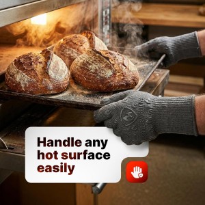Oven Gloves with Fingers - 932°F Extreme Heat Proof and Cut Resistant Mitts for Kitchen, BBQ, Grill, Baking, Fire Pit - EN407 Certified with Non-Slip Silicone Grip and Cotton Lined for Comfort