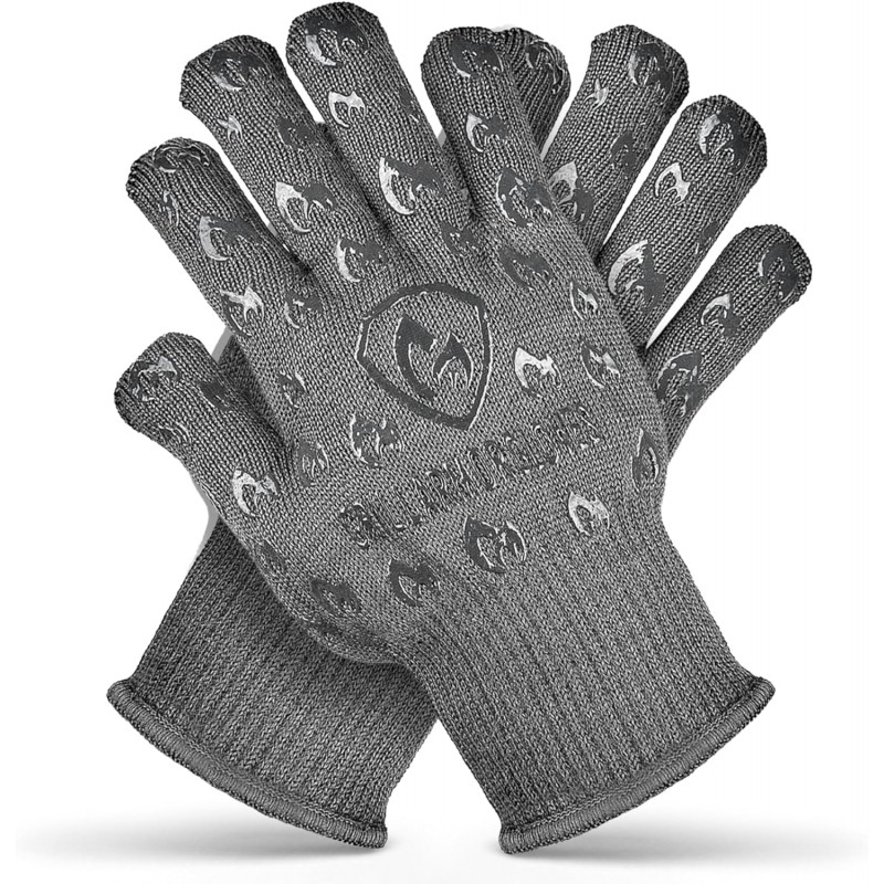 Oven Gloves with Fingers - 932°F Extreme Heat Proof and Cut Resistant Mitts for Kitchen, BBQ, Grill, Baking, Fire Pit - EN407 Certified with Non-Slip Silicone Grip and Cotton Lined for Comfort