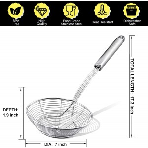 Anaeat Stainless Steel Spider Strainer Skimmer - Solid Kitchen Strainer Ladle with Long Handle for Cooking and Frying, Reinforced Double Coil Slotted Spoons for Pasta, Noodle, Spaghetti (7 Inch)