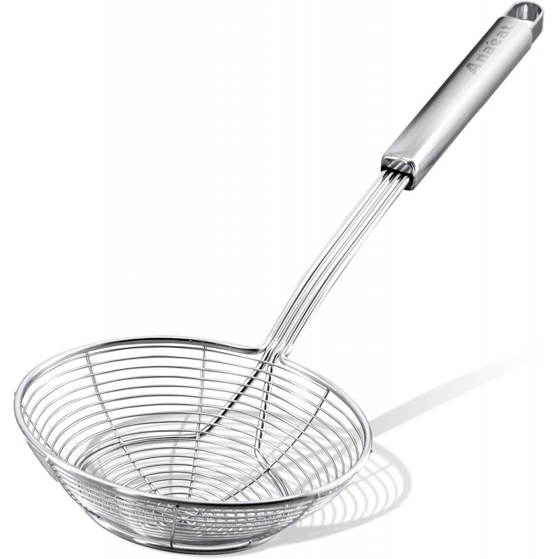 Anaeat Stainless Steel Spider Strainer Skimmer - Solid Kitchen Strainer Ladle with Long Handle for Cooking and Frying, Reinforced Double Coil Slotted Spoons for Pasta, Noodle, Spaghetti (7 Inch)