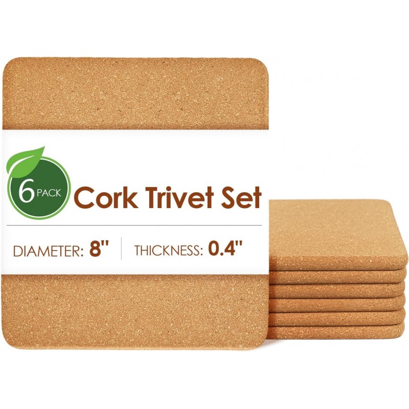 Cork Trivets for Hot Pots and Pans, 6 Pack High-Density Thick Square Pads for Dishes, 8