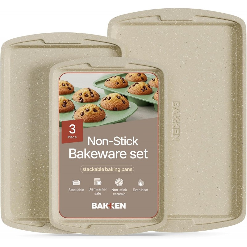 Bakken Swiss Cookie Sheet 3 Piece Set - Non-Stick, Stackable Baking Pans, White marble Deluxe Ceramic Coating – Dishwasher Safe - for Home Baking