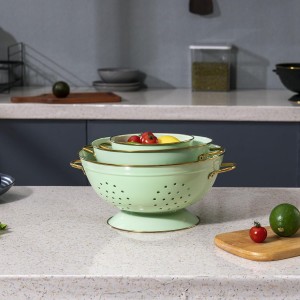 Metal Colander Set of 3, Strainer Basket with Handles perfect for Spaghetti, Pasta, Berry, Vegetable, Fruit, Solid Base Powder Coated Kitchen Essential Strainer Set, 1 & 3.5 & 5 Qt (Green)