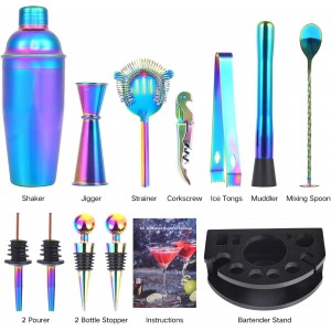 Bartender Kit with Stand, 12-Piece Bar Set | 24oz Cocktail Shaker Set for Drink Mixing, Martini Shaker Set with Bar Tools, Recipes Booklet | Fun Housewarming Gift (Rainbow)