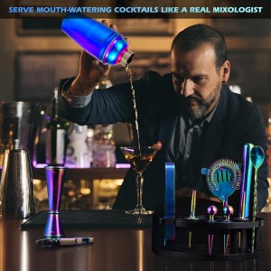 Bartender Kit with Stand, 12-Piece Bar Set | 24oz Cocktail Shaker Set for Drink Mixing, Martini Shaker Set with Bar Tools, Recipes Booklet | Fun Housewarming Gift (Rainbow)