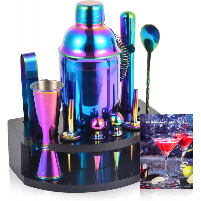 Bartender Kit with Stand, 12-Piece Bar Set | 24oz Cocktail Shaker Set for Drink Mixing, Martini Shaker Set with Bar Tools, Recipes Booklet | Fun Housewarming Gift (Rainbow)