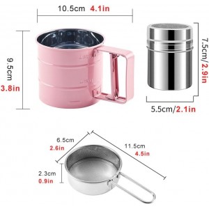 3 in1 Stainless Steel Flour Sifter for Baking 3 Cup Sifter for baking, Flour Sifter for Baking Cakes, Pastries, Cupcakes and Desserts, Powdered Sugar Shaker Duster, With Hand Press Design (Pink)