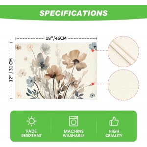 Artoid Mode Brown Poppy Floral Leaves Fall Placemats Set of 4, 12x18 Inch Seasonal Spring Table Mats for Party Kitchen Dining Decoration