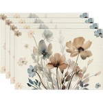 Artoid Mode Brown Poppy Floral Leaves Fall Placemats Set of 4, 12x18 Inch Seasonal Spring Table Mats for Party Kitchen Dining Decoration