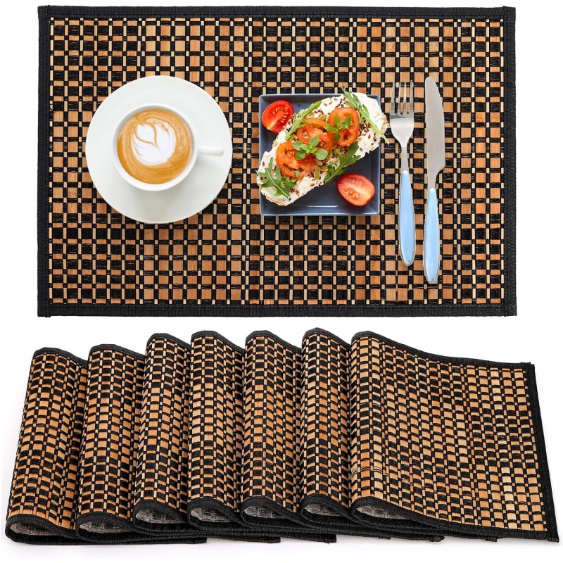 8 Pack Bamboo Placemats, Natural Anti-Slip Dining Table Mats, Heat-Resistant Place Mats, Japanese Style Washable Placemats for Dining Room, Kitchen, Restaurant, 18 x 12 Inch