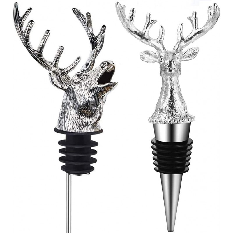 Reindeer Pourer and Deer Head Wine Corks, Bar and Household Wine Corks, Animal Wine Pourer (Silver)