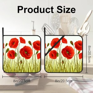 Ladybugs Pot Holders Set of 2 Heat Resistant & Non Slip Potholders, Red Romantic Flowers Oven Hot Pads for Kitchen Cooking Baking Barbecue