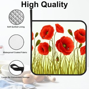 Ladybugs Pot Holders Set of 2 Heat Resistant & Non Slip Potholders, Red Romantic Flowers Oven Hot Pads for Kitchen Cooking Baking Barbecue