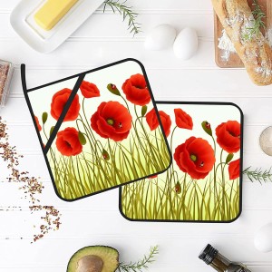 Ladybugs Pot Holders Set of 2 Heat Resistant & Non Slip Potholders, Red Romantic Flowers Oven Hot Pads for Kitchen Cooking Baking Barbecue