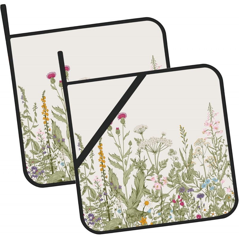 Vintage Wild Flower Pot Holders for Kitchen Heat Resistant Pot Holders Set of 2 Oven Hot Pads Pot Holders for Cooking Baking BBQ Gifts for Women