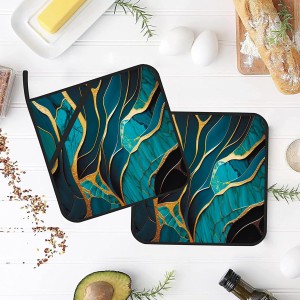 Abstract Turquoise Stone Marble Pot Holders Set of 2 Kitchen Heat Resistant Potholders for Microwave Cooking Baking Oven End Dishes and BBQ Gifts for Women