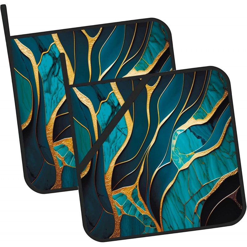 Abstract Turquoise Stone Marble Pot Holders Set of 2 Kitchen Heat Resistant Potholders for Microwave Cooking Baking Oven End Dishes and BBQ Gifts for Women