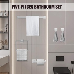 5 Piece Brushed Nickel Towel Bar Set Bathroom Hardware Set Brushed Nickel Bathroom Accessories Set with 2 Towel Hook, Stainless Steel Wall Mounted Bathroom Towel Rack Set Square 16-Inch