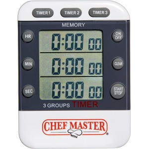 3-Channel Digital Timer by Chef Master, Triple Channel Count Up/Down Kitchen Digital Timer for Cooking, Roasting, Grilling, Marinade, Boiling, Baking, Pocket Clip, Stand & Magnet for Hands Free -90271