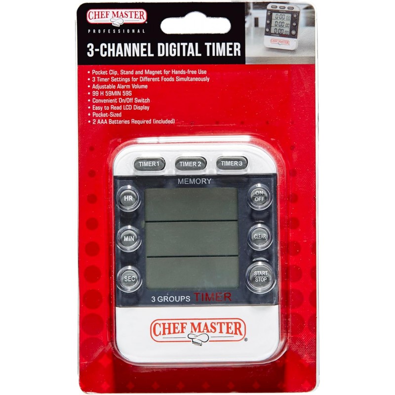 3-Channel Digital Timer by Chef Master, Triple Channel Count Up/Down Kitchen Digital Timer for Cooking, Roasting, Grilling, Marinade, Boiling, Baking, Pocket Clip, Stand & Magnet for Hands Free -90271