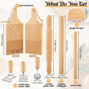 Tioncy 9 Pcs Pasta Making Tool Set, Wood Gnocchi Board with Ravioli Mold Raviolo Maker Raviolo Stamp Rolling Pin Gnocco Maker for Home Cooking Kitchen Gift(Pattern Gnocchi Board with Ravioli Mold Set)