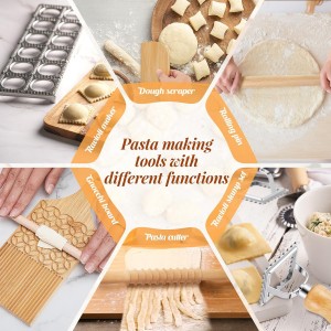 Tioncy 9 Pcs Pasta Making Tool Set, Wood Gnocchi Board with Ravioli Mold Raviolo Maker Raviolo Stamp Rolling Pin Gnocco Maker for Home Cooking Kitchen Gift(Pattern Gnocchi Board with Ravioli Mold Set)