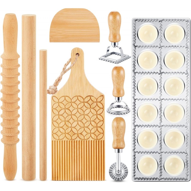 Tioncy 9 Pcs Pasta Making Tool Set, Wood Gnocchi Board with Ravioli Mold Raviolo Maker Raviolo Stamp Rolling Pin Gnocco Maker for Home Cooking Kitchen Gift(Pattern Gnocchi Board with Ravioli Mold Set)