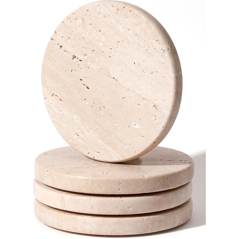 Beige Travertine Coasters Set of 4,Marble Absorbent Coasters 4 '',Ideal for Housewarming Gifts, Anniversaries, Office Decorations - Protects countertops - Sturdy and Durable, Beautiful and Generous