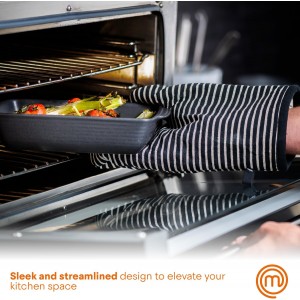 MasterChef Oven Mitts Heat Resistant, Set of 2 Baking Gloves, Machine Washable Cotton Kitchen Mittens for Stove Cooking & BBQ Grilling, Hot Proof Pot Holders, One Size Fits All, Elite Black