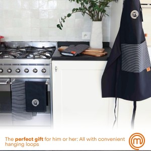 MasterChef Oven Mitts Heat Resistant, Set of 2 Baking Gloves, Machine Washable Cotton Kitchen Mittens for Stove Cooking & BBQ Grilling, Hot Proof Pot Holders, One Size Fits All, Elite Black