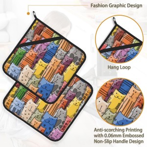 Funny Cats Family Pot Holder Set of 2,Heat Resistant Potholders Oven Hot Pads for Kitchen Cooking Baking BBQ