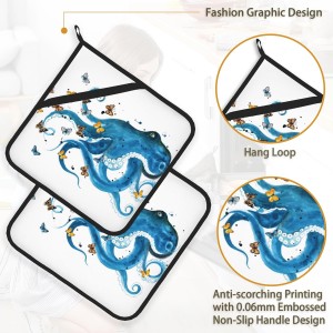 Blue Octopus Butterfly Pot Holder Set of 2,Heat Resistant Potholders Oven Hot Pads for Kitchen Cooking Baking BBQ